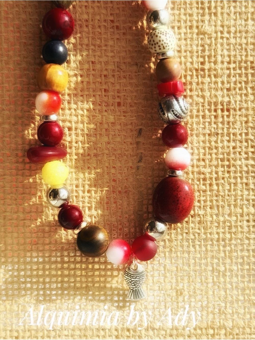 Red jasper Beaded and tiny Fish Charm Necklace